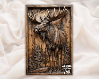 Moose 3D Relief STL | Wildlife Forest CNC Router File | Hand Carved Scan Wood Grain Panel | Rustic Cabin Lodge Wall Art | 3D Print Laser