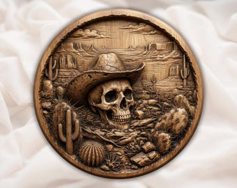 Cráneo de vaquero desierto relieve 3D STL enrutador CNC occidental archivo de tallado de madera cráneo con sombrero bajorrelieve arte de pared impresión 3D STL digital