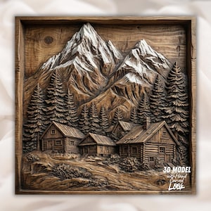 Puede incluir: Escultura en relieve de madera que representa un paisaje de montaña con picos nevados, abetos y cabañas de madera. La obra de arte está enmarcada en un borde de madera oscura y presenta el texto "3D MODEL with Hand Carved LOOK".