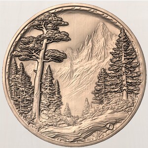 May include: A circular, bronze-colored relief carving depicting a mountain landscape with trees and a mountain range in the background. The detailed carving shows a large tree in the foreground and several pine trees.