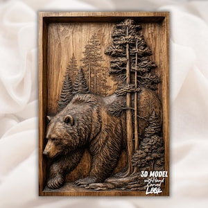 May include: A 3D wooden relief carving of a bear walking through a forest. The bear is brown and detailed, with trees and foliage carved in the background. The carving is set within a rectangular wooden frame. Text on the bottom right reads "3D MODEL with Hand Carved LOOK".