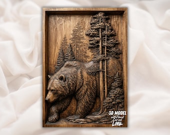 May include: A 3D wooden relief carving of a bear walking through a forest. The bear is brown and detailed, with trees and foliage carved in the background. The carving is set within a rectangular wooden frame. Text on the bottom right reads "3D MODEL with Hand Carved LOOK".