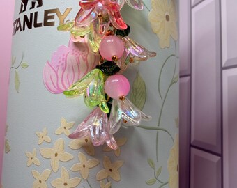 Spring Blossoms Tumbler Straw Decoration: Pink, Yellow, Green Flower Beads, Gold Accents, Colorful Summer Gift