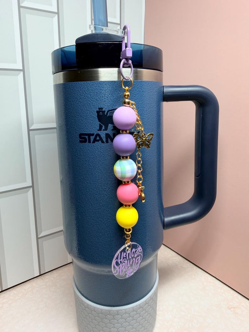 Colorful Hello Spring Beaded Tumbler Charm: Purple Green Yellow Pastel Silicone Beads, Gold or Silver Accents, Stanley Hydrojug Decor image 6