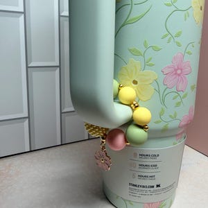 Spring Blossoms Tumbler Handle Decoration: Stanley Hydrojug, Pink, Yellow, Green Beads, Gold and a Hanging Flower Charm image 10