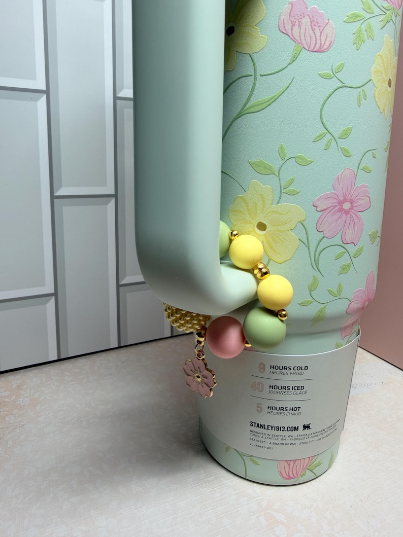 Spring Blossoms Tumbler Handle Decoration: Stanley Hydrojug, Pink, Yellow, Green Beads, Gold and a Hanging Flower Charm image 10