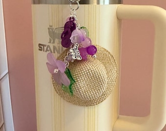 Colgante para vaso con forma de sombrero de verano con detalles en oro o plata, regalo personalizado para vacaciones, flores de primavera, llavero colgante Stanley Hydrojug