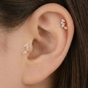 Piercing para oreja con forma de marquesa y diamante, en oro de 14 quilates, para cartílago, hélix y trago, con forma de hoja.