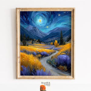 May include: A framed landscape painting shows a starry night sky with a swirling pattern around a bright moon. The scene includes mountains, a winding road, and fields of yellow and purple flowers. The frame is a light brown colour.