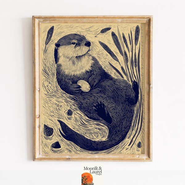 Rustic Cottagecore Otter Linocut Art - Whimsical River Scene with Tall Reeds, Vintage Woodland Decor, Printable Classic Rustic Print