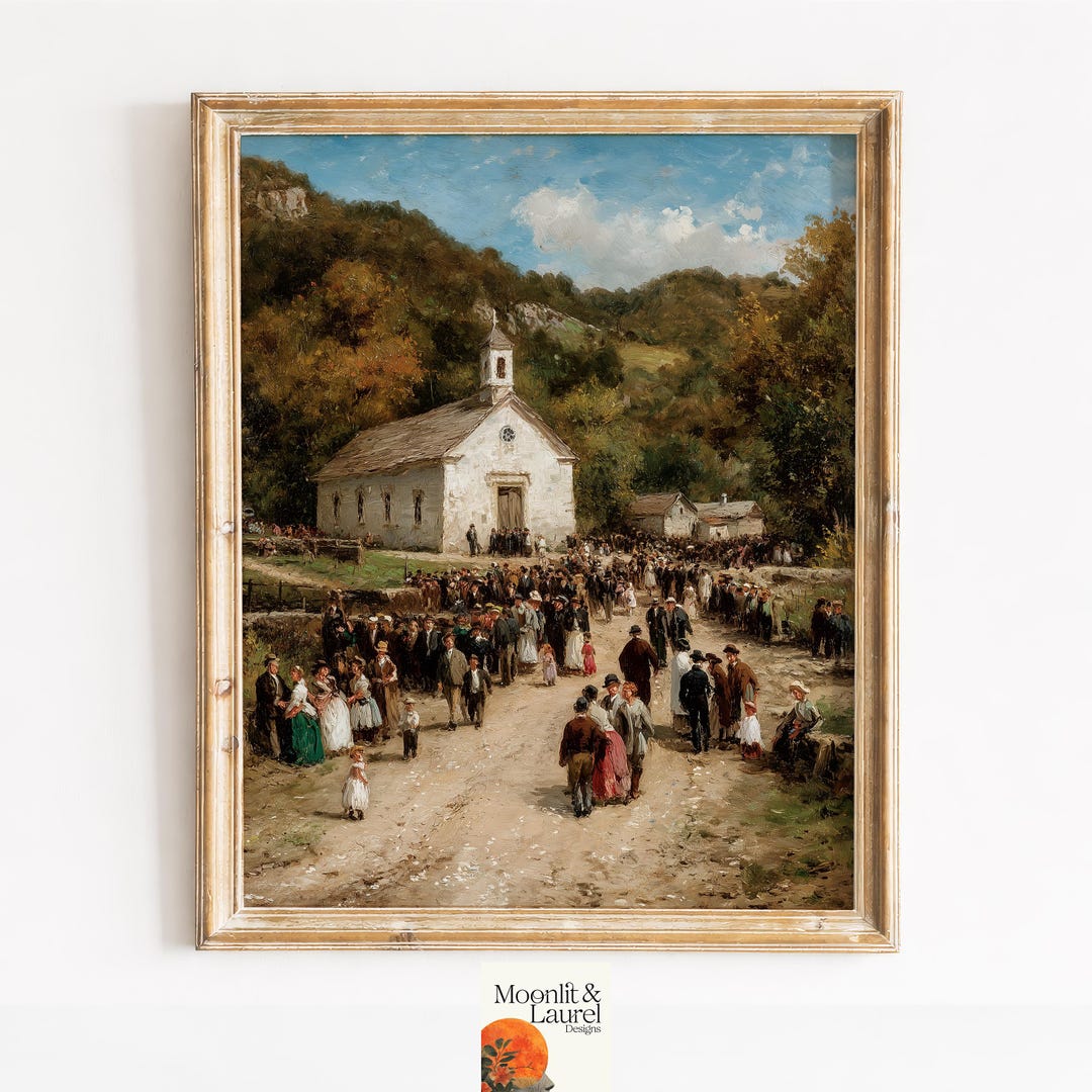 Rustic Church Gathering Scene Vintage Pastoral Landscape Art 19th Rustic Church Gathering Scene Vintage Pastoral Landscape Art 19th
