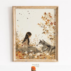 Ilustracja do pokoju dziecięcego z delikatną bajką, przytulna jesienna dekoracja ścienna, scena z małą dziewczynką i wilkiem, wystrój z bajki Cottagecore, wersja do druku