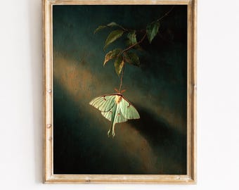 Moody Vintage Luna Moth Painting - Dark Botanical Nature Art, Translucent Wings, Magical Forest Scene, Printable Wall Art, Instant Download