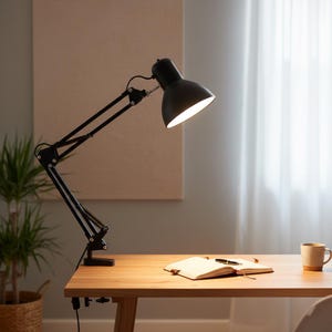 Op de afbeelding: Een zwarte verstelbare bureaulamp met helder licht, geplaatst boven een houten bureau. Een notitieboek, pen en mok staan op het bureau. Een potplant staat op de achtergrond.