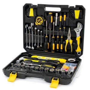 May include: A black toolbox with yellow detailing, containing a comprehensive set of hand tools. Includes spanners, screwdrivers, a hammer, pliers, and a tape measure. The tape measure reads 3m.