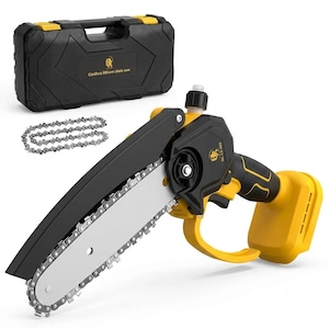 May include: A cordless lithium chain saw in black and yellow. The saw features a silver blade and a black protective cover. A black carrying case and a spare chain are also included.