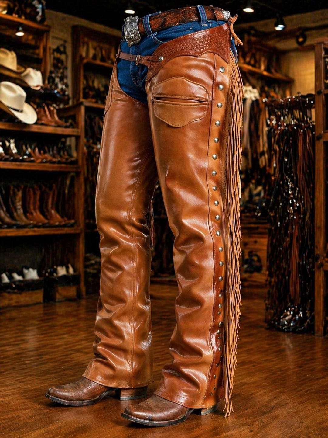 Chaps Design Rdr Men's Suede Leather Western Chaps | Fringe, Tooled Design, Rodeo Gear ...