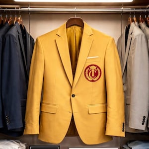 May include: A golden yellow blazer with a red and gold emblem on the chest, hanging in a closet. The blazer has a single black button and a pocket square. Other suits in navy and gray are visible on the rack. The sign reads "NEW ARRIVAL".