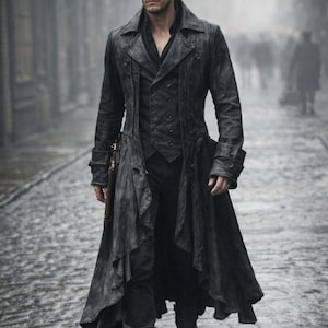 Handgjord svart sliten läder Steampunk frack: Gotisk pirat trenchcoat