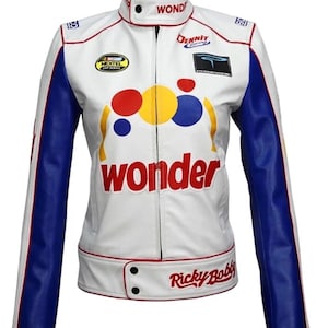 May include: White racing jacket with blue sleeves and red detailing. Features the word "Wonder" in red, with colourful circles and the name "Ricky Bobby" on the waist. Includes sponsor logos and a stand-up collar.