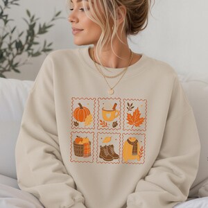 Trui met ronde hals en herfstthema, knusse trui voor het herfstseizoen, cadeau voor herfstliefhebbers, vintage herfstpostzegels