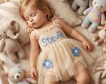 Tutina da neonato personalizzata con tutù / Nome ricamato a mano / Perfetta per il servizio fotografico "Cake Smash" / Tutina personalizzata per neonato / Completo con tutù ricamato