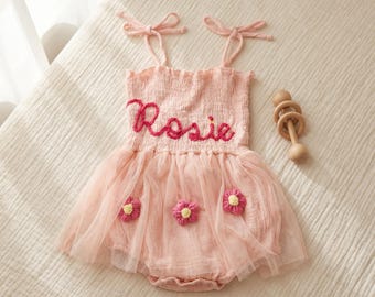 Personalized Baby Tutu Romper | Hand-Embroidered Name | Perfect for Cake Smash | Custom Baby Romper | Embroidered Tutu Outfit
