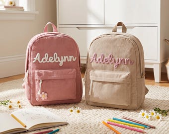 Set di zaini personalizzati per bambini, zaino scolastico in velluto a coste con nome personalizzato, zaino e borsa per il pranzo per bambini in età prescolare, regalo per il ritorno a scuola.