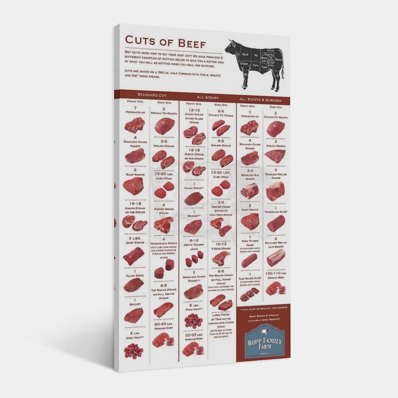 Basic Cut Meat Cuts of Beef Butcher Diagram, Kitchen Canvas Art Print - Etsy