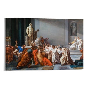 May include: A canvas print of a classical painting showing a dramatic scene with many figures in togas. The artwork features a central figure surrounded by others, some holding weapons. The colour palette includes reds, blues, and whites, set against a backdrop of columns and statues.