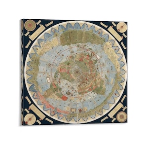May include: A square canvas print featuring a vintage world map with a circular design. The map displays continents in shades of green, brown, and beige, surrounded by a blue ocean and decorative elements. The background is a dark navy blue.