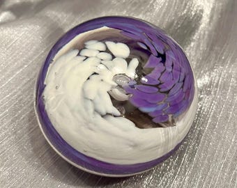 intage Purple and White Swirl Art Glass Paperweight, Spherical Controlled Bubble Ribbon Glass Decor, Retro Blown Glass Office Desk Accent