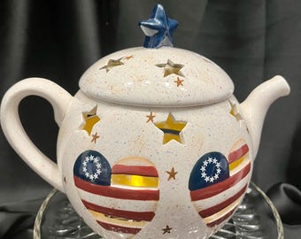 Vintage Home Interiors Teapot Candle Holder | Speckled Ceramic Teapot Candle Sconce | Patriotic Heart Decals & Cutout Accent