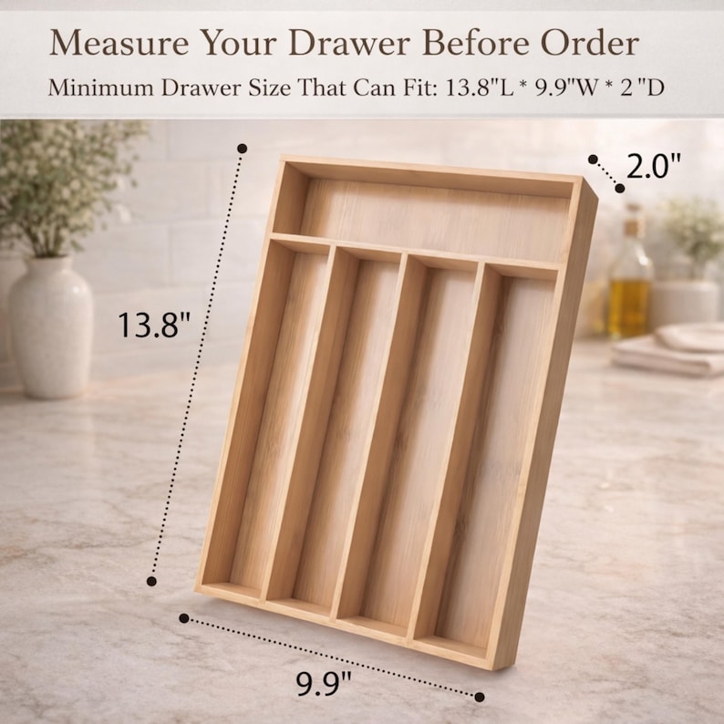 May include: A light-colored wooden drawer organizer with multiple compartments. The organizer is rectangular, measuring 13.8 inches long, 9.9 inches wide, and 2.0 inches deep. Text at the top reads "Measure Your Drawer Before Order".