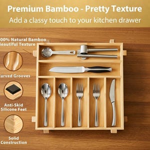 Organizador de cajones de cocina de bambú, bandeja para utensilios de 7 ranuras, soporte para cubiertos, almacenamiento de madera natural imagen 6