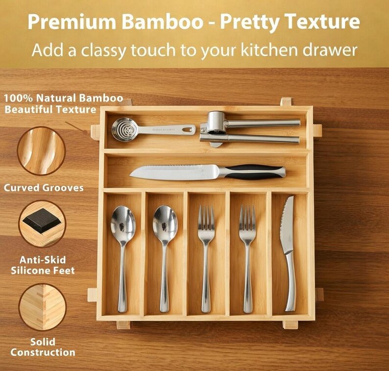 Organizador de cajones de cocina de bambú, bandeja para utensilios de 7 ranuras, soporte para cubiertos, almacenamiento de madera natural imagen 6