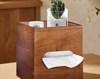 Soporte para cajas de pañuelos de madera de acacia con bandeja de almacenamiento, organizador moderno