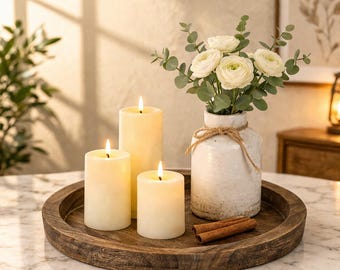 Rustic Wooden Candle Holder Tray – Round Distressed Farmhouse Plate for Tealights & Pillars – Coffee Table Decor