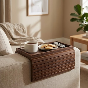 Puede incluir: Una bandeja de brazo de sofá de madera marrón oscuro con una taza de té, un plato pequeño de galletas y un mando a distancia. La bandeja está diseñada para colocarse en el brazo de un sofá, proporcionando una superficie conveniente.