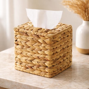 Woven Wicker Tissue Box Cover – Natural Rattan Square Napkin Holder, Boho Home Decor