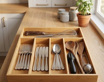 Bandeja organizadora de cubiertos de bambú - Almacenamiento de cubiertos y vajilla con 5 compartimentos para cajones de cocina / Organizador divisor de utensilios