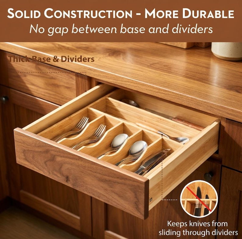 Puede incluir: Un organizador de cajones de madera con m&uacute;ltiples compartimentos, que contiene cubiertos. El texto de la imagen dice "SOLID CONSTRUCTION - MORE DURABLE" y "Keeps knives from sliding through dividers."