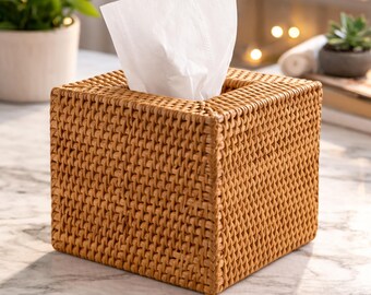 Hand Woven Rattan Tissue Box Cover – Natural Square Wicker Holder