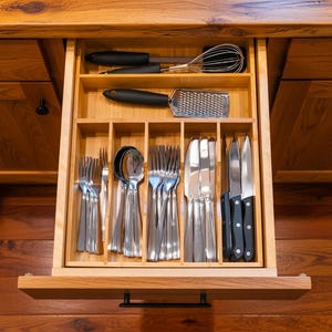 Organizador de cajones de cocina de bambú, bandeja para utensilios de 7 ranuras, soporte para cubiertos, almacenamiento de madera natural imagen 3