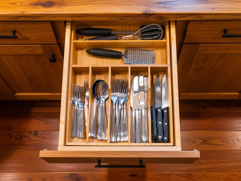 Organizador de cajones de cocina de bambú, bandeja para utensilios de 7 ranuras, soporte para cubiertos, almacenamiento de madera natural imagen 3
