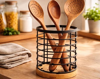 Large Black Metal Utensil Holder, Bamboo Base, Farmhouse Kitchen Decor