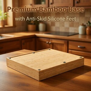 Puede incluir: Base rectangular de bamb&uacute; claro con patas de silicona antideslizantes. La base est&aacute; sobre una mesa de madera. El texto "Premium Bamboo Base with Anti-Skid Silicone Feet" se muestra en la parte superior de la imagen.