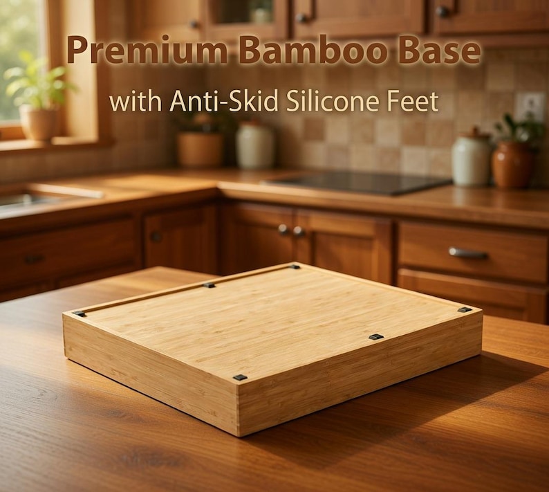 Puede incluir: Base rectangular de bamb&uacute; claro con patas de silicona antideslizantes. La base est&aacute; sobre una mesa de madera. El texto "Premium Bamboo Base with Anti-Skid Silicone Feet" se muestra en la parte superior de la imagen.