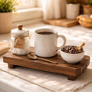 Op de afbeelding: Een rustiek houten dienblad met een gespikkelde keramische mok gevuld met koffie, een kleine witte kom met koffiebonen en een glazen pot met suiker. Een gouden lepel ligt op het dienblad. De pot heeft een label met "sugar".