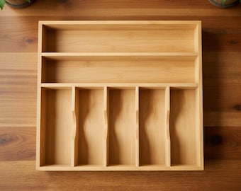 Bamboo Kitchen Drawer Organizer, 7 Slot Utensil Tray, Silverware Holder, Natural Wood Storage